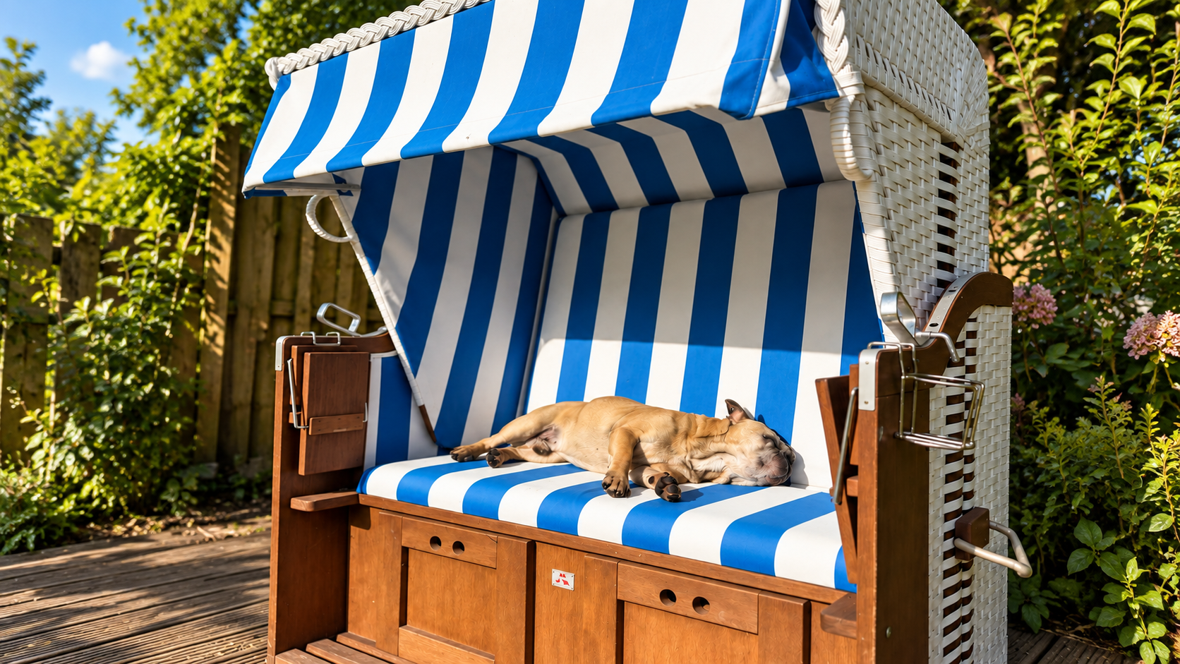 Ferienwohnung-Wiesenzauber-Hund-Teo-genießt-Sonne-im-Strandkob_Qf